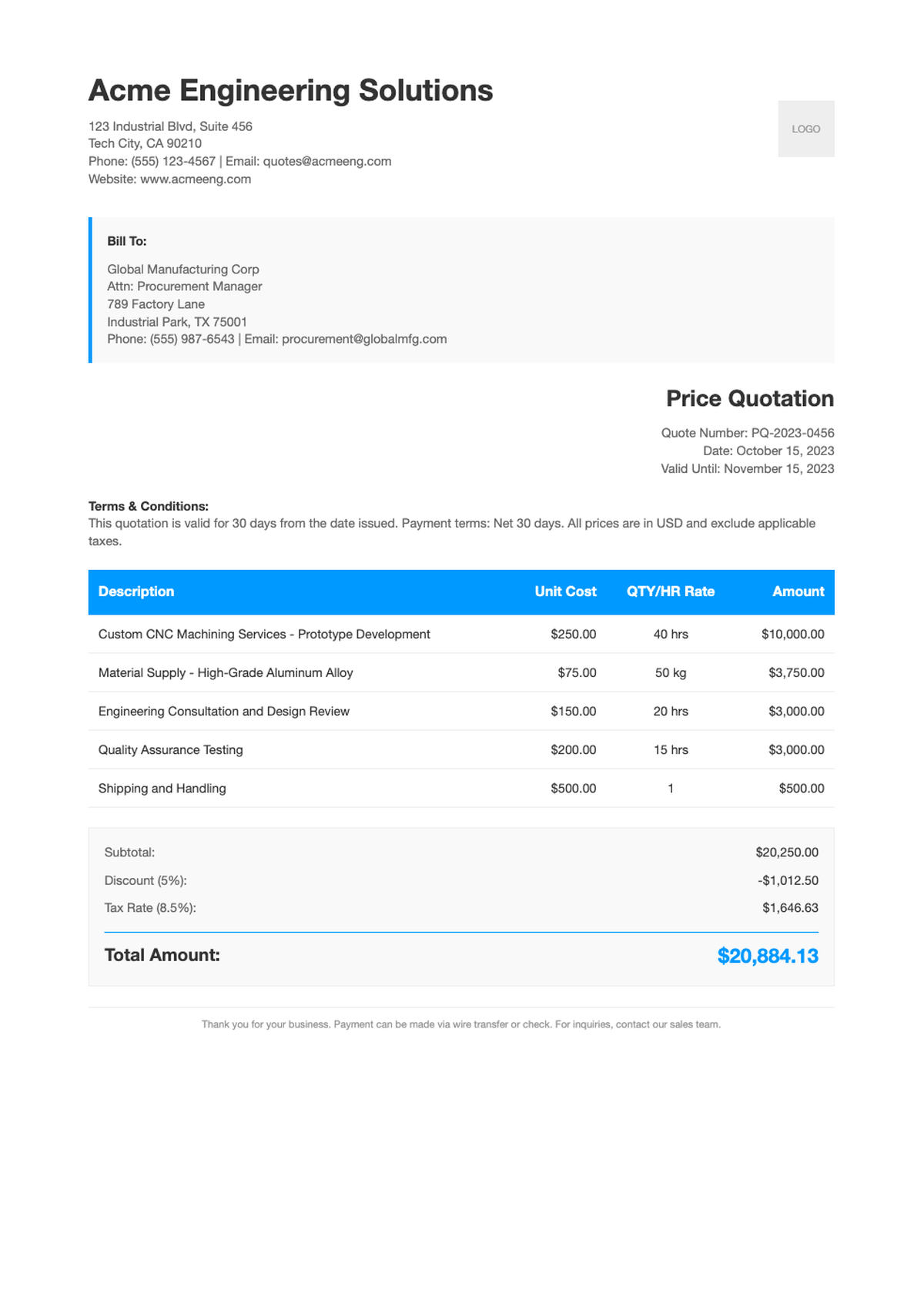 Professional business quote template with blue header and itemized table_variant_2